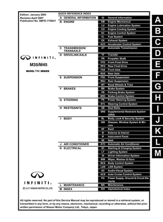 A
B
C
D
E
F
G
H
I
J
K
M
L
QUICK REFERENCE INDEX
A GENERAL INFORMATION GI General Information
B ENGINE EM Engine Mechanical
LU Engine Lubrication System
CO Engine Cooling System
EC Engine Control System
FL Fuel System
EX Exhaust System
ACC Accelerator Control System
C TRANSMISSION/
TRANSAXLE
AT Automatic Transmission
D DRIVELINE/AXLE TF Transfer
PR Propeller Shaft
FFD Front Final Drive
RFD Rear Final Drive
FAX Front Axle
RAX Rear Axle
E SUSPENSION FSU Front Suspension
RSU Rear Suspension
WT Road Wheels & Tires
F BRAKES BR Brake System
PB Parking Brake System
BRC Brake Control System
G STEERING PS Power Steering System
STC Steering Control System
H RESTRAINTS SB Seat Belts
SRS Supplemental Restraint System
(SRS)
I BODY BL Body, Lock & Security System
GW Glasses, Window System & Mir-
rors
RF Roof
EI Exterior & Interior
IP Instrument Panel
SE Seat
J AIR CONDITIONER ATC Automatic Air Conditioner
K ELECTRICAL SC Starting & Charging System
LT Lighting System
DI Driver Information System
WW Wiper, Washer & Horn
BCS Body Control System
LAN LAN System
AV Audio-Visual System
ACS Auto Cruise Control System
PG Power Supply, Ground & Circuit Ele-
ments
L MAINTENANCE MA Maintenance
M INDEX IDX Alphabetical Index
All rights reserved. No part of this Service Manual may be reproduced or stored in a retrieval system, or
transmitted in any form, or by any means, electronic, mechanical, recording or otherwise, without the prior
written permission of Nissan Motor Company Ltd., Tokyo, Japan.
Edition: January 2005
Revision:April 2007
Publication No. SM7E-1Y50U1
 