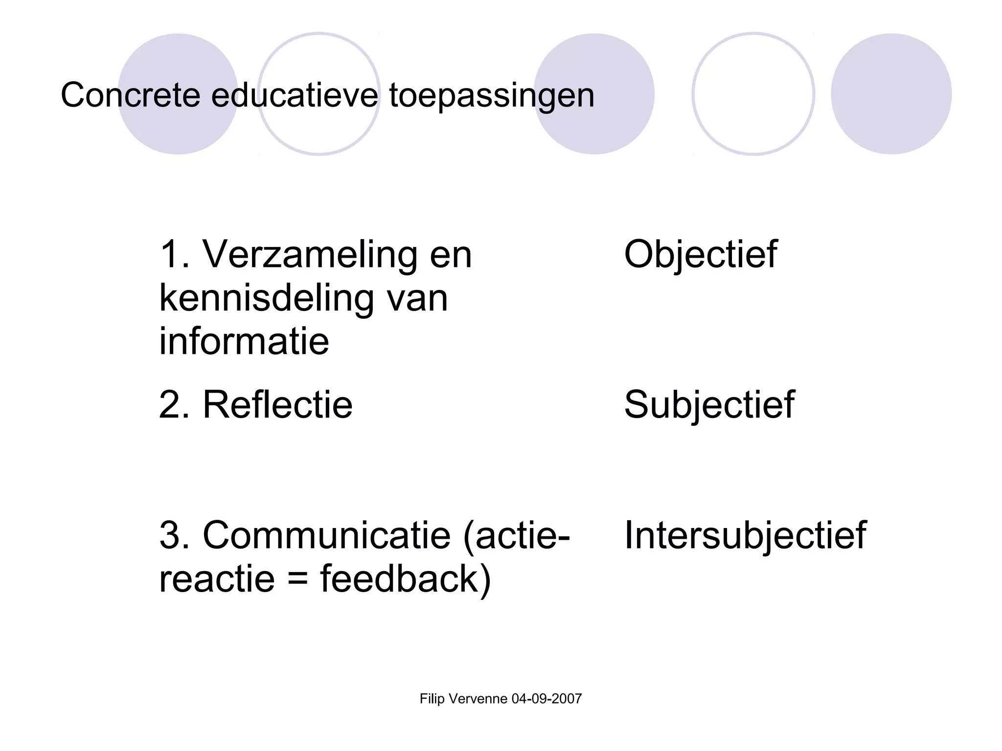 Filip Vervenne 04-09-2007
Concrete educatieve toepassingen
1. Verzameling en
kennisdeling van
informatie
Objectief
2. Reflectie Subjectief
3. Communicatie (actie-
reactie = feedback)
Intersubjectief
 