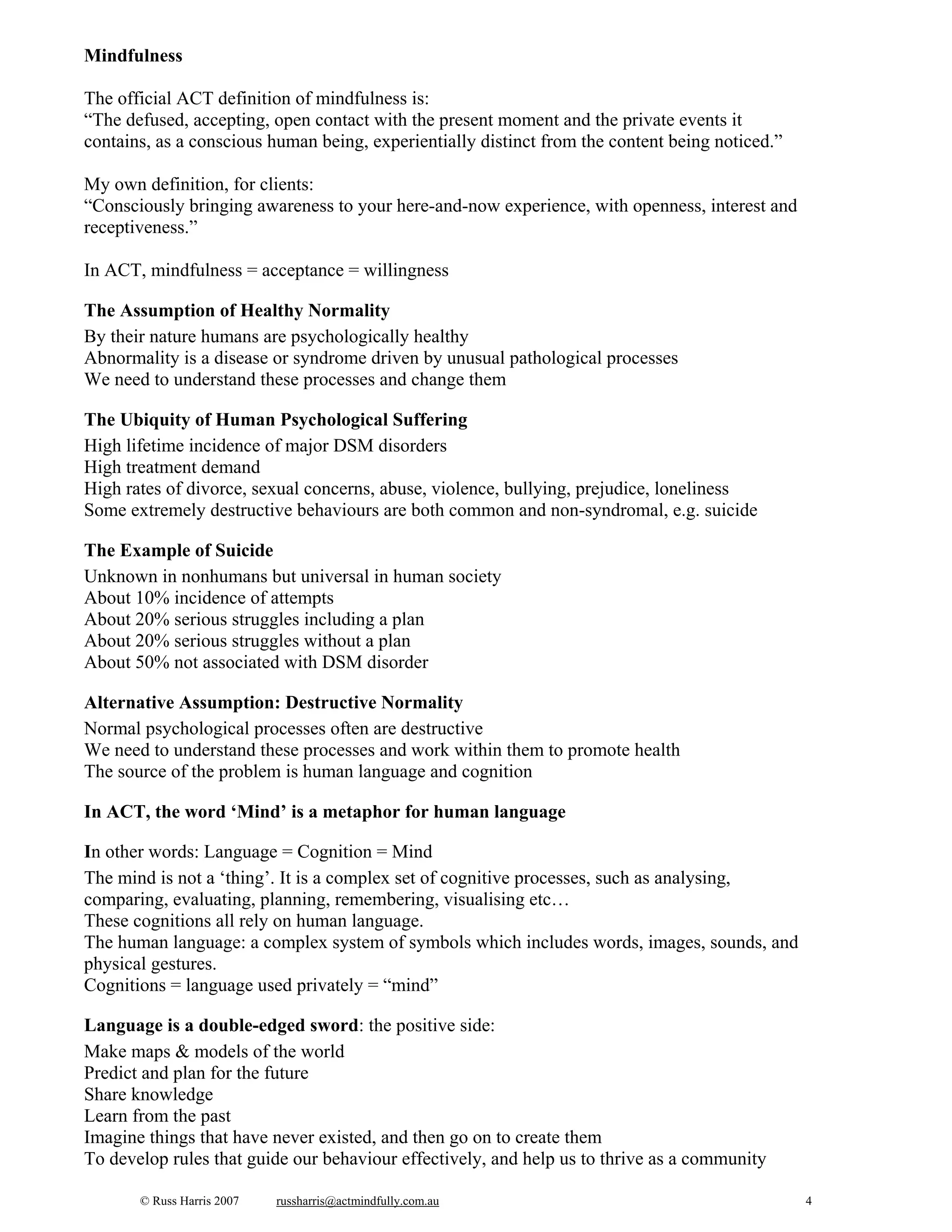 Act Introduction Acceptance and Commitment Therapy (ACT) Introductory Workshop Handout ...