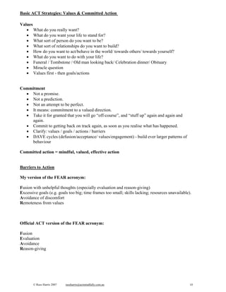 Acceptance and Commitment Therapy (ACT) Introductory Workshop Handout ...