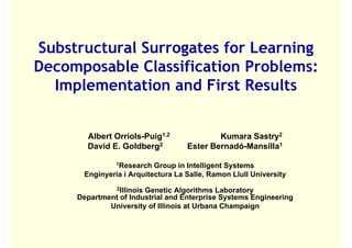 Substructural Surrogates for Learning
                   g                g
Decomposable Classification Problems:
  Implementation and First Results


       Albert Orriols Puig1,2              Kumara Sastry2
              Orriols-Puig
       David E. Goldberg2          Ester Bernadó-Mansilla1

               1Research  Group in Intelligent Systems
      Enginyeria i Arquitectura La Salle, Ramon Llull University
               2Illinois
                       Genetic Algorithms Laboratory
                                   g                 y
     Department of Industrial and Enterprise Systems Engineering
             University of Illinois at Urbana Champaign
 