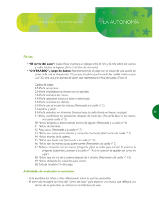 LA MAGIA DE LOS BUENOS TRATOS                                 LA AUTONOMÍA




Fichas:
  · “El cómic del aseo”: Cada niño/a inventará un diálogo entre el niño y la niña sobre los buenos
         y malos hábitos de higiene. (Ficha 5 del libro del alumno/a)
  · “DIVERASEO”, juego de dados: Representaremos el juego con el dibujo de una pastilla de
         jabón de la cual se desprenden 19 pompas de jabón que formarán las casillas, mientras que
         la nº 20, será una gran pompa de jabón que representará el final del juego. (Ficha 6)

          Casillas de juego:
          1. Niño/a peinándose.
          2. Niño/a limpiándose los mocos con un pañuelo.
          3. Niño/a lavándose las manos.
          4. Niño/a tapándose la boca al toser o estornudar.
          5. Niño/a lavándose los dientes.
          6. Niño/a que se le caen los mocos. (Retrocede a la casilla nº 2)
          7. Lavadora y jabón.
          8. Niño/a sentado/a en el retrete. (Avanza hasta la casilla donde se limpia con papel)            23
          9. Niño/a subiéndose los pantalones después de hacer pis. (Recuerda lavarte las manos,
                  retrocede casilla nº 3)
          10. Niño/a tosiendo o estornudando encima de alguien. (Retrocede a la casilla nº 4)
          11. Niño/a duchándose.
          12. Ropa sucia. (Retrocede a la casilla nº 7)
          13. Niño/a con caries en los dientes y comiendo chucherías. (Retrocede a la casilla nº 5)
          14. Niño/a tirando de la cadena.
          15. Niño/a que huele mal. (Retrocede a la casilla nº 11)
          16. Niño/a con las manos sucias quiere comer. (Retrocede a la casilla nº 3)
          17. Niño/a comiendo con las manos. (Pregunta: ¿Qué se utiliza para comer? Si aciertan la
                  pregunta (cubiertos), avanzan a la casilla nº 19, si no aciertan se quedan un turno sin
                  jugar)
          18. Niño/a que no tira de la cadena después de ir al baño. (Retrocede a la casilla nº 14)
          19. Niño/a utilizando los cubiertos para comer.
          20. Burbuja de jabón. Fin del juego.

Actividades de evaluación o conclusión

  · En la asamblea, los niños y niñas reflexionarán sobre lo que han aprendido.
  · El alumnado recogerá las fichas del “cómic del aseo” para elaborar una revista, que reflejará una
          síntesis de lo aprendido, se colocará en la biblioteca de aula.
 