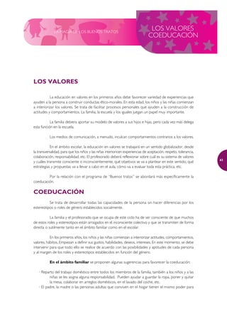 LA MAGIA DE LOS BUENOS TRATOS
                                                                                 LOS VALORES
                                                                                COEDUCACIÓN




LOS VALORES

           La educación en valores en los primeros años debe favorecer variedad de experiencias que
ayuden a la persona a construir conductas ético-morales. En esta edad, los niños y las niñas comienzan
a interiorizar los valores. Se trata de facilitar procesos personales que ayuden a la construcción de
actitudes y comportamientos. La familia, la escuela y los iguales juegan un papel muy importante.

           La familia debiera aportar su modelo de valores a sus hijos e hijas, pero cada vez más delega
esta función en la escuela.

           Los medios de comunicación, a menudo, inculcan comportamientos contrarios a los valores.

            En el ámbito escolar, la educación en valores se trabajará en un sentido globalizador, desde
la transversalidad, para que los niños y las niñas interioricen experiencias de aceptación, respeto, tolerancia,
colaboración, responsabilidad, etc. El profesorado deberá reflexionar sobre cuál es su sistema de valores
                                                                                                                   41
y cuáles transmite consciente o inconscientemente, qué objetivos se va a plantear en este sentido, qué
estrategias y propuestas va a llevar a cabo en el aula, cómo va a evaluar toda esta práctica, etc.

         Por la relación con el programa de “Buenos tratos” se abordará más específicamente la
coeducación.

COEDUCACIÓN
          Se trata de desarrollar todas las capacidades de la persona sin hacer diferencias por los
estereotipos o roles de género establecidos socialmente.

           La familia y el profesorado que se ocupa de este ciclo ha de ser consciente de que muchos
de estos roles y estereotipos están arraigados en el inconsciente colectivo y que se transmiten de forma
directa o sutilmente tanto en el ámbito familiar como en el escolar.

           En los primeros años, los niños y las niñas comienzan a interiorizar actitudes, comportamientos,
valores, hábitos. Empiezan a definir sus gustos, habilidades, deseos, intereses. En este momento, se debe
intervenir para que todo ello se realice de acuerdo con las posibilidades y aptitudes de cada persona
y al margen de los roles y estereotipos establecidos en función del género.

           En el ámbito familiar se proponen algunas sugerencias para favorecer la coeducación:

   · Reparto del trabajo doméstico entre todos los miembros de la familia, también a los niños y a las
          niñas se les asigna alguna responsabilidad. Pueden ayudar a guardar la ropa, poner y quitar
          la mesa, colaborar en arreglos domésticos, en el lavado del coche, etc.
   · El padre, la madre o las personas adultas que conviven en el hogar tienen el mismo poder para
 