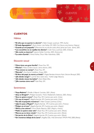 LA MAGIA DE LOS BUENOS TRATOS                                  CUENTOS




CUENTOS
Hábitos

· “El niño que no quería ir a dormir”. Helen Cooper. Juventud, 1999. (Sueño)
· “El hada Aguayjabón”. Rocío Antón, Lola Núñez. SM, 2003. Col. Esta es otra historia. (Higiene)
· “Cuando yo era pequeña” (Memorias de una niña de cuatro años). Jamie Lee Curtis. Serres, 2001.
· “Los cocodrilos no se cepillan los dientes”. Colin Fancy. Juventud, 2005. (Hábitos)
· “¡De noche se duerme!”. Jeanne Ashbé. Corimbo, 2003. (Autonomía)
· “La cebra Camila”. Marisa Núñez, Óscar Villán. Kalandraka, 2000.


Educación sexual
· “Clara tiene una gran familia”. Roser Rius. SM.
                                                                                                   61
· “Pilocha”. Maita Cordero Ayuso. Libros Activos, 2002.
· “Tina conoce su cuerpo”. Roser Rius. SM.
· “Marcela”. Ana García Castellano. Anaya, 2003.
· “El libro del papá, la mamá y el bebé”. Ángela Reinders-Antonio Nork. Edicions Brosquil, 2002.
· “¿De dónde vengo? Tu primer libro sobre sexo. Yvette Lodge. Beascoa.
· “¿De dónde vienen los bebés”. Doris Rübel. Elfos.
· “¿Me cuentas cómo nací?” Kate Petty. SM.


Sentimientos

· “Vaya Rabieta”. Mireille d´Allancé. Corimbo, 2001. (Rabia)
· “¡Soy un Dragón!”. Philippe Goossens, Thierry Robberecht. Edelvives, 2003. (Rabia)
· “Ana no quiere crecer”. Roser Rius. SM, Cuentos para sentir. (Celos)
· “¡Yo soy el mayor!”. Begoña Ibarrola. SM, Cuentos para sentir. (Celos)
· “Ha sido el pequeño monstruo”. Helen Cooper. Juventud. (Celos)
· “¿Qué le pasa a Mugán?”. Begoña Ibarrola. SM, Cuentos para sentir. (Tristeza)
· “Peligro en el mar”. Begoña Ibarrola. SM, Cuentos para sentir. (Alegría)
· “África y los colores”. Anna Obiols. Beascoa, 2002. (Alegría y tristeza)
· “Pablo no quiere estar solo”. Roser Rius. SM, Cuentos para sentir. (Miedo)
· “Marcos ya no tiene miedo”. Roser Rius. SM, Cuentos para sentir. (Miedo)
· “Un jarrón de la China”. Begoña Ibarrola. SM, Cuentos para sentir. (Miedo)
· “Un monstruo debajo de la cama”. Angelika Glitz, Imke Sönnichsen. TIMUN MAS, 2000. (Miedo)
 