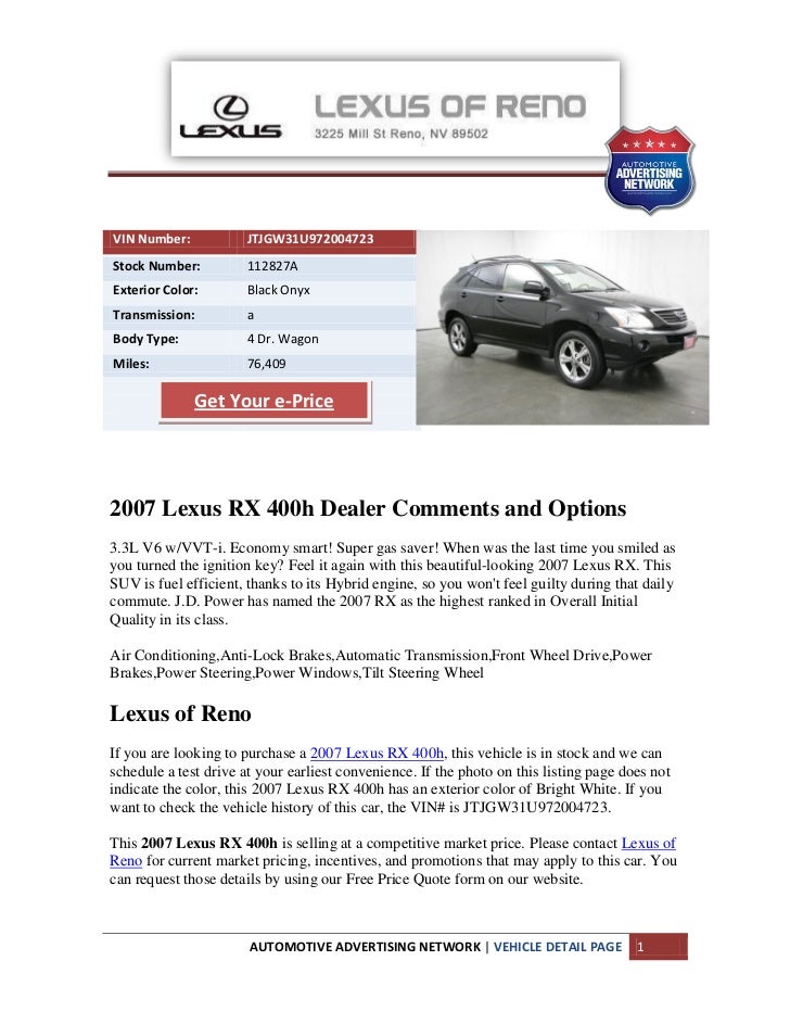 Lexus Vin Decoder >> 2007 Lexus Rx 400h Reno Lexus Vin Decoder >> 2007 Lexus Rx 400h Reno