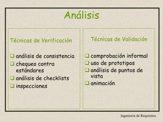 Ingeniería de Requisitos
Análisis
Técnicas de Verificación
 análisis de consistencia
 chequeo contra
estándares
 análisis de checklists
 inspecciones
Técnicas de Validación
 comprobación informal
 uso de prototipos
 análisis de puntos de
vista
 animación
 