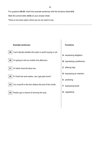6

For questions 29-34, match the example sentences with the functions listed A-G.

Mark the correct letter (A-G) on your answer sheet.

There is one extra option which you do not need to use.




     Example sentences                                             Functions


 29 I can’t decide whether this radio is worth buying or not.
                                                                A expressing obligation

 30 I’m going to visit my mother this afternoon.
                                                                B expressing a preference


 31 I’d rather have the blue one.                               C offering help


                                                                D expressing an intention
 32 If I finish the work earlier, can I get paid more?
                                                                E predicting

 33 You must fill in the form before the end of the month.
                                                                F expressing doubt


 34 Paula’s got a chance of winning the race.                   G negotiating
 