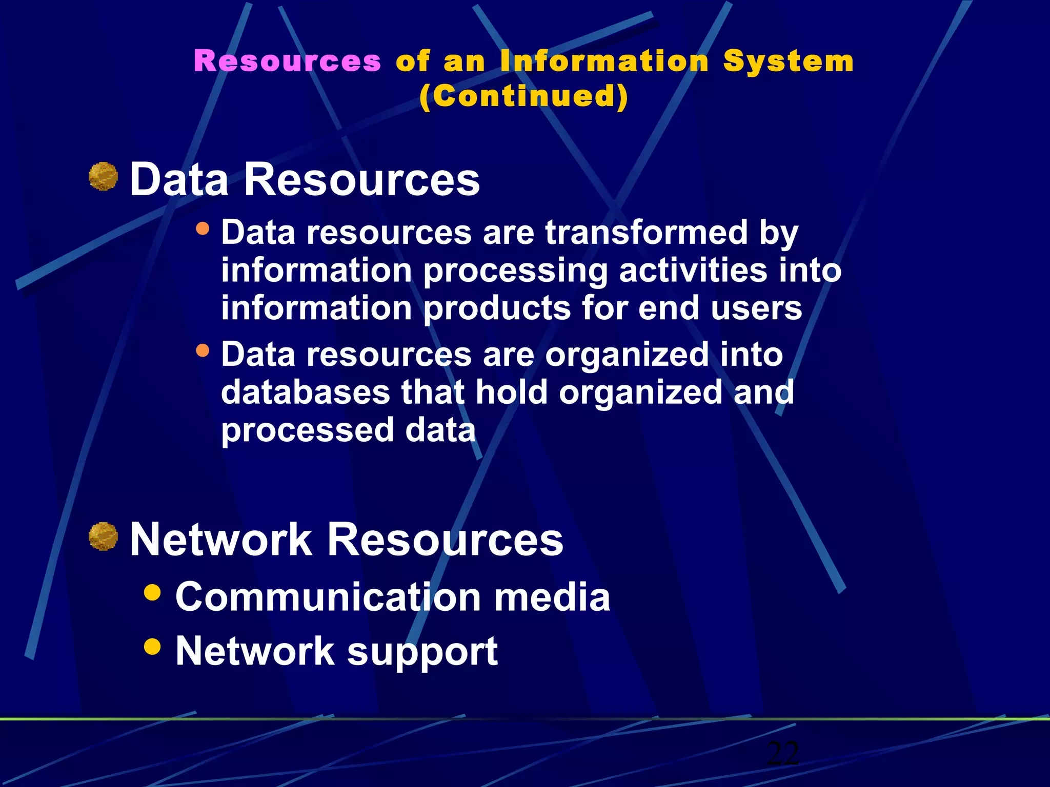 22
Resources of an Information System
(Continued)
Data Resources
 Data resources are transformed by
information processing activities into
information products for end users
 Data resources are organized into
databases that hold organized and
processed data
Network Resources
Communication media
Network support
 