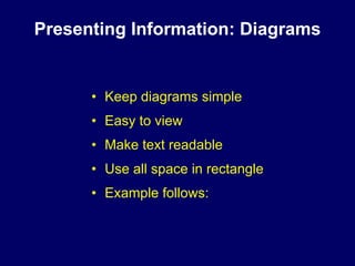 Presenting Information: Diagrams


      • Keep diagrams simple
      • Easy to view
      • Make text readable
      • Use all space in rectangle
      • Example follows:
 