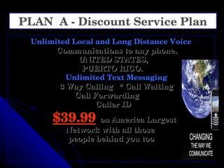 PLAN  A - Discount Service Plan Unlimited Local and Long Distance Voice  Communications to any phone. UNITED STATES,  PUERTO RICO. Unlimited Text Messaging 3 Way Calling  * Call Waiting Call Forwarding  Caller ID $39.99   on America Largest  Network with all those  people behind you too 