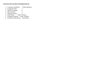 LEITURA DE LIVROS PARADIDÁTICOS:

  1.   A droga da obediência     Pedro Bandeira
  2.   A droga do amor
  3.   Pântano de sangue
  4.   Anjo da morte
  5.   Droga americana
  6.   Irmão Negro - Walcir Carrasco
  7.   O pequeno príncipe - Saint- Exupérie
  8.   O diário de Anne Frank - Anne Frank
 
