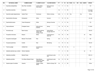 WU          BOTANICAL NAME                        COMMON NAME            FLOWER COLOR          BLOOM SEASON            PT     H     W     GS TOXIC   AL   INV   SCA HARDY    ORIGIN

 1    Euphorbia antisyphilitica             Wax Plant, Candelilla        Creamy White -       Spring and mid            S     3     3     Su                                    CD
                                                                         Red centers          Summer

 2    Euphorbia myrsinites                  Euphorbia                                                                  Gc     1     3     Wi                                S. Europe,
                                                                                                                                                                             Cnt. Asia

 2    Euphorbia rigida (biglandulosa)       Gopher Plant                 Chartreuse           Winter to Spring         A,Sc   2     3     Wi   Yes              Yes            Africa



 2    Eysenhardtia orthocarpa               Kidneywood                   White                Summer                    T     10    10    Su                                  CD, SD



 3    Eysenhardtia texana                   Texas Kidneywood             White                Spring to Summer          T     8     8     Su                                    CD



 3    Feijoa sellowiana                     Pineapple Guava              White with red       Spring                   T,S    15    15    Su                                 S. Amer.
                                                                         stamens

 1    Ferocactus spp.                       Barrel Cactus                varies by species-   Varies Winter             C     5     1.5   Su                                  SD,CD
                                                                         Yellow, Red,         through early Fall
                                                                         Orange, Purple
 1    Fouquieria columnaris                 Boojum                       White                Late Summer to           T,A    75    1     Wi                          sh       Baja
                                                                                              early Fall

 1    Fouquieria macdougalii                Mexican Tree Ocotillo        Red                  Spring                   S,A    6     4     Su                          t         SD



 1    Fouquieria splendens                  Ocotillo                     Red                  Mid-Spring                A     15    8     Su                                  SD,CD



 3    Fraxinus greggii                      Littleleaf Ash               inconspicuous                                 T,S    18    15    Su         a                          CD
                                                                         Green

 2    Gaillardia aestivalis spp. winkleri   Winkler Gaillardia                                                          P     2     3     Wi                          sh        TX



 2    Gaillardia pinnatifida                Blanket Flower                                    Late Spring to early      P     2     2     Wi                                 SW U.S.
                                                                                              Fall

 3    Gaillardia pulchella                  Fire Wheel, Blanket Flower   Deep Maroon          Late Spring to early     An     1.5   1.5   Wi                                    CD
                                                                         center with Yellow   Fall
                                                                         outside edges
 3    Gazania rigens & varieties            Gazania                      Orange, Yellow,      Winter to Spring, Fall   Gc     .5    2     Wi                                   Africa
                                                                         White



Thursday, March 29, 2007                                                                                                                                                    Page 13 of 30
 