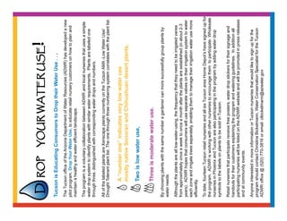 D        ROP YOUR WATER USE                                                       !
Tucson is Educating Consumers to Drop their Water Use . . .
The Tucson office of the Arizona Department of Water Resources (ADWR) has developed a new
pilot program, Drop Your Water Use, to educate retail nursery customers on how to plan and
maintain a healthy and water efficient landscape.

The program is a voluntary collaboration between ADWR and local nurseries that uses a simple
water drop system to identify plants with similar water requirements. Plants are labeled one
through three, distinguished with corresponding water drops and numbers.

All of the labeled plants are Xeriscape plants currently on the Tucson AMA -Low Water Use/
Drought Tolerant plant list. The one through three numbering system correlates with the plant list.

        A “number one” indicates very low water use
        mostly native Sonoran and Chihuahuan desert plants,

        Two is low water use,

        Three is moderate water use.
By choosing plants with the same number a gardener can more successfully group plants by
water needs.

Although the plants are all low-water-using, the frequency that they need to be irrigated varies
from approximately once a week to once a month after the plants are established (in about 2-3
years). ADWR hopes that consumers will use separate valves on their irrigation system to water
each zone and irrigate trees separately, enabling them to manage their irrigation water use more
efficiently.

To date, fourteen Tucson retail nurseries and all six Tucson area Home Depot’s have signed up for
the program. ADWR is working with other nurseries to encourage them to participate. Wholesale
nurseries in Phoenix and Tucson are also participating in the program by adding water drop
symbols to the labels on plants to be sold in Tucson.

Retail nurseries that participate receive free posters, water drop stickers for their signage and
handouts for their customers explaining the program and watering guidelines. In addition all
participating nurseries will be listed on the ADWR website and will be promoted in press releases
and at community events.

Anyone interested in more information or Tucson nurseries that would like to sign up for the
program should contact Christina Bickelmann, Water Conservation Specialist for the Tucson
ADWR office @ (520) 770-3816 or email: clbickelmann@azwater.gov
 