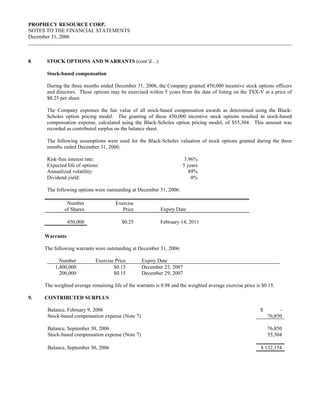 PROPHECY RESOURCE CORP.
NOTES TO THE FINANCIAL STATEMENTS
December 31, 2006



8.    STOCK OPTIONS AND WARRANTS (cont’d…)

      Stock-based compensation

      During the three months ended December 31, 2006, the Company granted 450,000 incentive stock options officers
      and directors. These options may be exercised within 5 years from the date of listing on the TSX-V at a price of
      $0.25 per share.

      The Company expenses the fair value of all stock-based compensation awards as determined using the Black-
      Scholes option pricing model. The granting of these 450,000 incentive stock options resulted in stock-based
      compensation expense, calculated using the Black-Scholes option pricing model, of $55,304. This amount was
      recorded as contributed surplus on the balance sheet.

      The following assumptions were used for the Black-Scholes valuation of stock options granted during the three
      months ended December 31, 2006:

      Risk-free interest rate:                                         3.96%
      Expected life of options:                                       5 years
      Annualized volatility:                                             89%
      Dividend yield:                                                     0%

      The following options were outstanding at December 31, 2006:

               Number                 Exercise
              of Shares                  Price             Expiry Date

                450,000                  $0.25             February 14, 2011

     Warrants

     The following warrants were outstanding at December 31, 2006:

           Number            Exercise Price        Expiry Date
         1,400,000                   $0.15         December 23, 2007
           200,000                   $0.15         December 29, 2007

     The weighted average remaining life of the warrants is 0.98 and the weighted average exercise price is $0.15.

9.   CONTRIBUTED SURPLUS

      Balance, February 9, 2006                                                                            $        -
      Stock-based compensation expense (Note 7)                                                                76,850

      Balance, September 30, 2006                                                                              76,850
      Stock-based compensation expense (Note 7)                                                                55,304

      Balance, September 30, 2006                                                                          $ 132,154
 