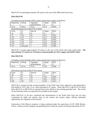 6

OK-07-02 is located approximately 350 metres to the east of the 2006 North Lake Zone.

Hole OK-07-03

Excluding several internally dilutive dykes greater than 4 metres in thickness:
Beginning Ending            Aggregate          Copper      MoS2
                            mineralization     %           %
73 m         188 m          75 m               0.19        0.029
Mineralized intervals in OK-07-03 in detail
From         To             Interval           Copper      MoS2
 m           M              m                  %           %
73           116            43                 0.17        0.031
123          135            12                 0.17        0.020
151          156            6                  0.27        0.032
160          170            10                 0.27        0.030
176          179            3                  0.24        0.020
187          188 (end)      1                  0.19        0.028

OK-07-03 is located approximately 50 metres to the east of the North Lake Zone (north side). The
interval from 73.7 metres to 74.5 metres returned grades of 1.26% copper and 0.639% MoS2.

Hole OK-07-04

Excluding several internally dilutive dykes greater than 4 metres in thickness:
Beginning Ending            Aggregate          Copper      MoS2
                            mineralization     %           %
41 m         141 m          76 m               0.34        0.020

Mineralized intervals in OK-07-04 in detail
From         To            Interval           Copper       MoS2
 M           M             m                  %            %
41           61            20                 0.35         0.029
72           91            19                 0.42         0.027
104          141           37                 0.29         0.012

OK-07-04 is located near the western boundary of the North Lake Zone, adjacent to and underneath a
hole drilled in 1972, hole 72-16, which bottomed at 97 metres. Holes 0K-07-01 to 0K-07-07 (of which
holes 0K-07-01 to 0K-07-04 are reported here) were drilled on pre-existing permitted sites. The results
for the final three holes are expected to be available in late August.

Holes OK-07-01 to 04 have confirmed that mineralization in the North Lake Zone has not been
constrained by depth and remains open on the eastern and western edges, offering substantial
opportunities for expansion of the resource.

Exploration of the Okeover property is being conducted under the supervision of J.W. (Bill) Morton,
P.Geo., a director of the Company and qualified person within the context of National Instrument 43-101.
 