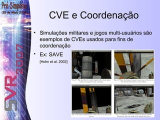CVE e Coordenação Simulações militares e jogos multi-usuários são exemplos de CVEs usados para fins de coordenação Ex: SAVE   [Holm et al. 2002] 