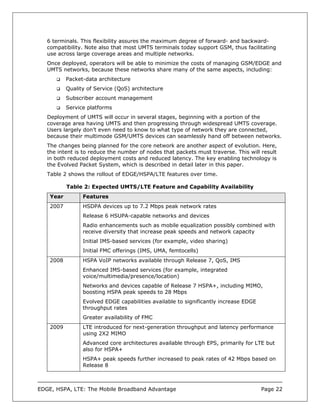 6 terminals. This flexibility assures the maximum degree of forward- and backward-
   compatibility. Note also that most UMTS terminals today support GSM, thus facilitating
   use across large coverage areas and multiple networks.
   Once deployed, operators will be able to minimize the costs of managing GSM/EDGE and
   UMTS networks, because these networks share many of the same aspects, including:
           Packet-data architecture
           Quality of Service (QoS) architecture
           Subscriber account management
           Service platforms
   Deployment of UMTS will occur in several stages, beginning with a portion of the
   coverage area having UMTS and then progressing through widespread UMTS coverage.
   Users largely don’t even need to know to what type of network they are connected,
   because their multimode GSM/UMTS devices can seamlessly hand off between networks.
   The changes being planned for the core network are another aspect of evolution. Here,
   the intent is to reduce the number of nodes that packets must traverse. This will result
   in both reduced deployment costs and reduced latency. The key enabling technology is
   the Evolved Packet System, which is described in detail later in this paper.
   Table 2 shows the rollout of EDGE/HSPA/LTE features over time.

           Table 2: Expected UMTS/LTE Feature and Capability Availability
    Year         Features
    2007         HSDPA devices up to 7.2 Mbps peak network rates
                 Release 6 HSUPA-capable networks and devices
                 Radio enhancements such as mobile equalization possibly combined with
                 receive diversity that increase peak speeds and network capacity
                 Initial IMS-based services (for example, video sharing)
                 Initial FMC offerings (IMS, UMA, femtocells)
    2008         HSPA VoIP networks available through Release 7, QoS, IMS
                 Enhanced IMS-based services (for example, integrated
                 voice/multimedia/presence/location)
                 Networks and devices capable of Release 7 HSPA+, including MIMO,
                 boosting HSPA peak speeds to 28 Mbps
                 Evolved EDGE capabilities available to significantly increase EDGE
                 throughput rates
                 Greater availability of FMC
    2009         LTE introduced for next-generation throughput and latency performance
                 using 2X2 MIMO
                 Advanced core architectures available through EPS, primarily for LTE but
                 also for HSPA+
                 HSPA+ peak speeds further increased to peak rates of 42 Mbps based on
                 Release 8



EDGE, HSPA, LTE: The Mobile Broadband Advantage                                       Page 22
 
