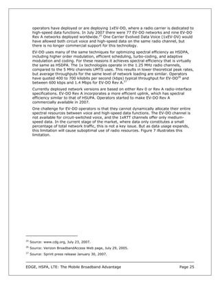 operators have deployed or are deploying 1xEV-DO, where a radio carrier is dedicated to
      high-speed data functions. In July 2007 there were 77 EV-DO networks and nine EV-DO
      Rev A networks deployed worldwide.25 One Carrier Evolved Data Voice (1xEV-DV) would
      have allowed both circuit voice and high-speed data on the same radio channel, but
      there is no longer commercial support for this technology.
      EV-DO uses many of the same techniques for optimizing spectral efficiency as HSDPA,
      including higher order modulation, efficient scheduling, turbo-coding, and adaptive
      modulation and coding. For these reasons it achieves spectral efficiency that is virtually
      the same as HSDPA. The 1x technologies operate in the 1.25 MHz radio channels,
      compared to the 5 MHz channels UMTS uses. This results in lower theoretical peak rates,
      but average throughputs for the same level of network loading are similar. Operators
      have quoted 400 to 700 kilobits per second (kbps) typical throughput for EV-DO26 and
      between 600 kbps and 1.4 Mbps for EV-DO Rev A.27
      Currently deployed network versions are based on either Rev 0 or Rev A radio-interface
      specifications. EV-DO Rev A incorporates a more efficient uplink, which has spectral
      efficiency similar to that of HSUPA. Operators started to make EV-DO Rev A
      commercially available in 2007.
      One challenge for EV-DO operators is that they cannot dynamically allocate their entire
      spectral resources between voice and high-speed data functions. The EV-DO channel is
      not available for circuit-switched voice, and the 1xRTT channels offer only medium-
      speed data. In the current stage of the market, where data only constitutes a small
      percentage of total network traffic, this is not a key issue. But as data usage expands,
      this limitation will cause suboptimal use of radio resources. Figure 7 illustrates this
      limitation.




25
     Source: www.cdg.org, July 23, 2007.
26
     Source: Verizon BroadbandAccess Web page, July 29, 2005.
27
     Source: Sprint press release January 30, 2007.



EDGE, HSPA, LTE: The Mobile Broadband Advantage                                         Page 25
 