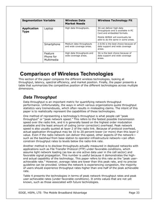 Segmentation Variable             Wireless Data               Wireless Technology Fit
                                    Market Needs
  Application      Laptop           High data throughputs.      3G can deliver high data
                                                                throughputs and is available in PC
  Type
                                                                Card and embedded formats.
                                                                Mobile WiMAX will eventually be
                                                                able to do the same in some areas.

                   Smartphone       Medium data throughputs     2.5/3G is the best choice because of
                                    and wide coverage areas.    data support and wide coverage
                                                                areas.

                   Feature          High data throughputs and   3G is the best choice because of
                                    wide coverage areas.        data support and wide coverage
                   Phone for
                                                                areas.
                   Multimedia




 Comparison of Wireless Technologies
This section of the paper compares the different wireless technologies, looking at
throughput, latency, spectral efficiency, and market position. Finally, the paper presents a
table that summarizes the competitive position of the different technologies across multiple
dimensions.


   Data Throughput
   Data throughput is an important metric for quantifying network throughput
   performance. Unfortunately, the ways in which various organizations quote throughput
   statistics vary tremendously, which often results in misleading claims. The intent of this
   paper is to realistically represent the capabilities of these technologies.
   One method of representing a technology’s throughput is what people call “peak
   throughput” or “peak network speed.” This refers to the fastest possible transmission
   speed over the radio link, and it is generally based on the highest order modulation
   available and the least amount of coding (error correction) overhead. Peak network
   speed is also usually quoted at layer 2 of the radio link. Because of protocol overhead,
   actual application throughput may be 10 to 20 percent lower (or more) than this layer-2
   value. Even if the radio network can deliver this speed, other aspects of the network—
   such as the backhaul from base station to operator-infrastructure network—can often
   constrain throughput rates to levels below the radio-link rate.
   Another method is to disclose throughputs actually measured in deployed networks with
   applications such as File Transfer Protocol (FTP) under favorable conditions, which
   assume light network loading (as low as one active data user in the cell sector) and
   favorable signal propagation. This number is useful because it demonstrates the high-
   end actual capability of the technology. This paper refers to this rate as the “peak user-
   achievable rate.” However, average rates are lower than this peak rate, and no precise
   guideline can be provided. Unless the network is experiencing congestion, the majority
   of users should experience throughput rates higher than one-half of the peak achievable
   rate.
   Table 4 presents the technologies in terms of peak network throughput rates and peak
   user-achievable rates (under favorable conditions). It omits values that are not yet
   known, such as those associated with future technologies.



EDGE, HSPA, LTE: The Mobile Broadband Advantage                                              Page 33
 
