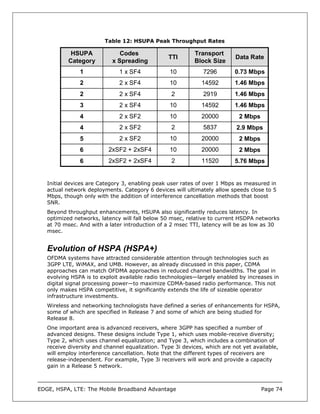 Table 12: HSUPA Peak Throughput Rates

            HSUPA              Codes                       Transport
                                                 TTI                       Data Rate
           Category         x Spreading                    Block Size
               1              1 x SF4             10           7296        0.73 Mbps
               2              2 x SF4             10          14592        1.46 Mbps
               2              2 x SF4             2            2919        1.46 Mbps
               3              2 x SF4             10          14592        1.46 Mbps
               4              2 x SF2             10          20000         2 Mbps
               4              2 x SF2             2            5837        2.9 Mbps
               5              2 x SF2             10          20000         2 Mbps
               6          2xSF2 + 2xSF4           10          20000         2 Mbps
               6          2xSF2 + 2xSF4           2           11520        5.76 Mbps


   Initial devices are Category 3, enabling peak user rates of over 1 Mbps as measured in
   actual network deployments. Category 6 devices will ultimately allow speeds close to 5
   Mbps, though only with the addition of interference cancellation methods that boost
   SNR.
   Beyond throughput enhancements, HSUPA also significantly reduces latency. In
   optimized networks, latency will fall below 50 msec, relative to current HSDPA networks
   at 70 msec. And with a later introduction of a 2 msec TTI, latency will be as low as 30
   msec.


   Evolution of HSPA (HSPA+)
   OFDMA systems have attracted considerable attention through technologies such as
   3GPP LTE, WiMAX, and UMB. However, as already discussed in this paper, CDMA
   approaches can match OFDMA approaches in reduced channel bandwidths. The goal in
   evolving HSPA is to exploit available radio technologies—largely enabled by increases in
   digital signal processing power—to maximize CDMA-based radio performance. This not
   only makes HSPA competitive, it significantly extends the life of sizeable operator
   infrastructure investments.
   Wireless and networking technologists have defined a series of enhancements for HSPA,
   some of which are specified in Release 7 and some of which are being studied for
   Release 8.
   One important area is advanced receivers, where 3GPP has specified a number of
   advanced designs. These designs include Type 1, which uses mobile-receive diversity;
   Type 2, which uses channel equalization; and Type 3, which includes a combination of
   receive diversity and channel equalization. Type 3i devices, which are not yet available,
   will employ interference cancellation. Note that the different types of receivers are
   release-independent. For example, Type 3i receivers will work and provide a capacity
   gain in a Release 5 network.



EDGE, HSPA, LTE: The Mobile Broadband Advantage                                      Page 74
 