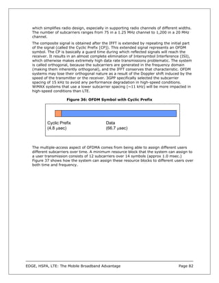 which simplifies radio design, especially in supporting radio channels of different widths.
   The number of subcarriers ranges from 75 in a 1.25 MHz channel to 1,200 in a 20 MHz
   channel.
   The composite signal is obtained after the IFFT is extended by repeating the initial part
   of the signal (called the Cyclic Prefix [CP]). This extended signal represents an OFDM
   symbol. The CP is basically a guard time during which reflected signals will reach the
   receiver. It results in an almost complete elimination of Intersymbol Interference (ISI),
   which otherwise makes extremely high data rate transmissions problematic. The system
   is called orthogonal, because the subcarriers are generated in the frequency domain
   (making them inherently orthogonal), and the IFFT conserves that characteristic. OFDM
   systems may lose their orthogonal nature as a result of the Doppler shift induced by the
   speed of the transmitter or the receiver. 3GPP specifically selected the subcarrier
   spacing of 15 kHz to avoid any performance degradation in high-speed conditions.
   WiMAX systems that use a lower subcarrier spacing (~11 kHz) will be more impacted in
   high-speed conditions than LTE.

                      Figure 36: OFDM Symbol with Cyclic Prefix




           Cyclic Prefix                     Data
           (4.8 µsec)                        (66.7 µsec)



   The multiple-access aspect of OFDMA comes from being able to assign different users
   different subcarriers over time. A minimum resource block that the system can assign to
   a user transmission consists of 12 subcarriers over 14 symbols (approx 1.0 msec.)
   Figure 37 shows how the system can assign these resource blocks to different users over
   both time and frequency.




EDGE, HSPA, LTE: The Mobile Broadband Advantage                                       Page 82
 