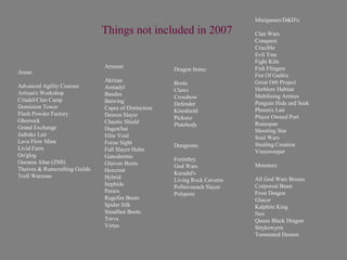 Minigames/D&D's:

                                Things not included in 2007                  Clan Wars
                                                                             Conquest
                                                                             Crucible
                                                                             Evil Tree
                                                                             Fight Kiln
                                Armour:                                      Fish Flingers
                                                       Dragon Items:
Areas:
                                                                             Fist Of Guthix
                                Akrisae                                      Great Orb Project
                                                       Boots
Advanced Agility Courses        Armadyl                Claws                 Herblore Habitat
Artisan's Workshop              Bandos
                                                       Crossbow              Mobilising Armies
Citadel/Clan Camp               Batwing                Defender              Penguin Hide and Seek
Dominion Tower                  Capes of Distinction   Kiteshield            Phoenix Lair
Flash Powder Factory            Demon Slayer
                                                       Pickaxe               Player Owned Port
Ghorrock                        Chaotic Shield
                                                       Platebody             Runespan
Grand Exchange                  Dagon'hai                                    Shooting Star
Jadinko Lair                    Elite Void                                   Soul Wars
Lava Flow Mine                  Focus Sight
                                                       Dungeons:             Stealing Creation
Livid Farm                      Full Slayer Helm                             Vinesweeper
Oo'glog                         Ganodermic             Forinthry
Ourania Altar (ZMI)             Glaiven Boots          God Wars              Monsters:
Theives & Runecrafting Guilds   Hexcrest
Troll Warzone                                          Kuradal's
                                Hybrid                                       All God Wars Bosses
                                                       Living Rock Caverns
                                Imphide                                      Corporeal Beast
                                                       Pollnivneach Slayer
                                Pernix                                       Frost Dragon
                                                       Polypore
                                Ragefire Boots                               Glacor
                                Spider Silk                                  Kalphite King
                                Steadfast Boots                              Nex
                                Torva                                        Queen Black Dragon
                                Virtus                                       Strykewyrm
                                                                             Tormented Demon
 