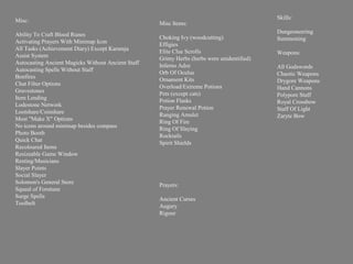 Skills:
Misc:                                               Misc Items:
                                                                                            Dungeoneering
Ability To Craft Blood Runes                        Choking Ivy (woodcutting)               Summoning
Activating Prayers With Minimap Icon                Effigies
All Tasks (Achievement Diary) Except Karamja        Elite Clue Scrolls                      Weapons:
Assist System                                       Grimy Herbs (herbs were unidentified)
Autocasting Ancient Magicks Without Ancient Staff   Inferno Adze                            All Godswords
Autocasting Spells Without Staff                    Orb Of Oculus
Bonfires                                                                                    Chaotic Weapons
                                                    Ornament Kits                           Drygore Weapons
Chat Filter Options                                 Overload/Extreme Potions                Hand Cannons
Gravestones                                         Pets (except cats)                      Polypore Staff
Item Lending                                        Potion Flasks                           Royal Crossbow
Lodestone Network                                   Prayer Renewal Potion                   Staff Of Light
Lootshare/Coinshare                                 Ranging Amulet                          Zaryte Bow
Most "Make X" Options                               Ring Of Fire
No icons around minimap besides compass             Ring Of Slaying
Photo Booth                                         Rocktails
Quick Chat                                          Spirit Shields
Recoloured Items
Resizeable Game Window
Resting/Musicians
Slayer Points
Social Slayer
Solomon's General Store                             Prayers:
Squeal of Forutune
Surge Spells                                        Ancient Curses
Toolbelt                                            Augury
                                                    Rigour
 