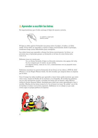 2. Aprender a escribir las letras
Es importantísimo que el niño sostenga el lápiz de manera correcta.



                              La sujeción es igual para
                              diestros y zurdos.




El lápiz se debe agarrar formando una pinza entre el pulgar, el índice y el dedo
medio. Si los niños no aprenden a sujetar el lápiz correctamente desde el principio,
tendremos luego serias dificultades para corregirlos.
Los niños tienen que aprender a formar las letras correctamente. La letra c se
presenta muy al principio porque su formación es la base de otras letras tales
como la d.

Debemos tener en cuenta que
       •la o se forma llevando el lápiz en dirección contraría a las agujas del reloj,
       •la d se empieza por el centro, no por arriba,
       •en algunas letras, como la m y la n, comenzaremos con un pequeño trazo
       descendente.

Podremos encontrar la correcta formación de las letras en los vídeos y DVD de Jolly
Phonics y en los Finger Phonics books. Es útil recordar que ninguna letra se empieza
por la base.

Con el tiempo los niños tendrán que aprender a hacer letra unida (cursiva), que entre
otras cosas, mejora la fluidez de la escritura y la ortografía. El escribir las palabras
con un solo movimiento ayuda a recordar las letras que la forman. Jolly Phonics
utiliza la fuente Sassoon Infant, diseñada para niños que están aprendiendo a leer y
escribir. Muchas de las letras (como la d y la n) tienen un trazo “de salida” con el fin
de facilitar el enlace con la letra siguiente. (Infórmese en su colegio ya que cada
centro sigue su propia política al respecto)




3
 