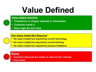 Value Defined Value-Added Activities Transforms or shapes material or information Customer wants it Done right the first time Non-Value Added But Required No value created but required by current technology No value created but required by current thinking No value created but required by process limitations Waste Consume resources but create no value for the customer Pure waste 