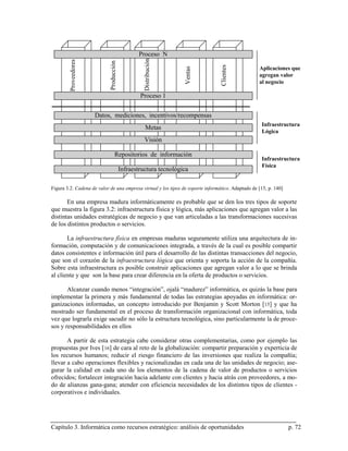 Proceso N




                                                   Distribución
         Proveedores




                            Producción




                                                                                 Clientes
                                                                                                   Aplicaciones que




                                                                  Ventas
                                                                                                   agregan valor
                                                                                                   al negocio

                                                 Proceso 1


                       Datos, mediciones, incentivos/recompensas
                                                                                                    Infraestructura
                                                    Metas
                                                                                                    Lógica
                                                   Visión

                                  Repositorios de información
                                                                                                    Infraestructura
                                                                                                    Física
                                         Infraestructura tecnológica

Figura 3.2. Cadena de valor de una empresa virtual y los tipos de soporte informático. Adaptado de [15, p. 140]

       En una empresa madura informáticamente es probable que se den los tres tipos de soporte
que muestra la figura 3.2: infraestructura física y lógica, más aplicaciones que agregan valor a las
distintas unidades estratégicas de negocio y que van articuladas a las transformaciones sucesivas
de los distintos productos o servicios.

       La infraestructura física en empresas maduras seguramente utiliza una arquitectura de in-
formación, computación y de comunicaciones integrada, a través de la cual es posible compartir
datos consistentes e información útil para el desarrollo de las distintas transacciones del negocio,
que son el corazón de la infraestructura lógica que orienta y soporta la acción de la compañía.
Sobre esta infraestructura es posible construir aplicaciones que agregan valor a lo que se brinda
al cliente y que son la base para crear diferencia en la oferta de productos o servicios.

       Alcanzar cuando menos “integración”, ojalá “madurez” informática, es quizás la base para
implementar la primera y más fundamental de todas las estrategias apoyadas en informática: or-
ganizaciones informadas, un concepto introducido por Benjamin y Scott Morton [15] y que ha
mostrado ser fundamental en el proceso de transformación organizacional con informática, toda
vez que lograrla exige sacudir no sólo la estructura tecnológica, sino particularmente la de proce-
sos y responsabilidades en ellos

       A partir de esta estrategia cabe considerar otras complementarias, como por ejemplo las
propuestas por Ives [ 16] de cara al reto de la globalización: compartir preparación y experticia de
los recursos humanos; reducir el riesgo financiero de las inversiones que realiza la compañía;
llevar a cabo operaciones flexibles y racionalizadas en cada una de las unidades de negocio; ase-
gurar la calidad en cada uno de los elementos de la cadena de valor de productos o servicios
ofrecidos; fortalecer integración hacia adelante con clientes y hacia atrás con proveedores, a mo-
do de alianzas gana-gana; atender con eficiencia necesidades de los distintos tipos de clientes -
corporativos e individuales.




Capítulo 3. Informática como recursos estratégico: análisis de oportunidades                                      p. 72
 