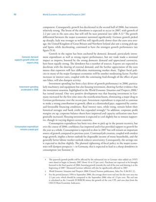 90                           World Economic Situation and Prospects 2007




                             component. Consequently, growth has decelerated in the second half of 2006, but remains
                             relatively strong. The brunt of the slowdown is expected to occur in 2007, with growth of
                             2.2 per cent in the euro area, but will still be near potential (see table A.1).4 The growth
                             differential between the major economies narrowed significantly: German growth picked
                             up sharply; Italy was stronger as well but still significantly slower than the euro area aver-
                             age; the United Kingdom of Great Britain and Northern Ireland also saw a strong pick-up;
                             and Spain, while decelerating, continued to have the strongest growth performance (see
                             figure IV.4).
                                    Growth in the region has been anchored by domestic demand, particularly invest-
       Domestic demand       ment expenditure as well as strong export performance, but net trade made a minimal
supports growth while net    impact as imports, boosted by the strong domestic demand and appreciated currencies,
             exports drag    have been equally strong. The slowdown has a number of sources. Exports are expected to
                             decelerate with the slowing of external demand, and the further appreciation of the euro
                             means that exporters will face difficulties maintaining market share. Tighter fiscal poli-
                             cies in many of the major European economies will be another moderating factor. Further
                             increases in interest rates, coupled with the continuing feed-through of the effect of past
                             rate hikes, will also dampen activity.
                                    Investment spending has been a key driver of growth performance in 2006, particu-
     Investment spending     larly machinery and equipment but also housing investment, showing further evidence that
       accelerated in 2006   the investment anaemia, highlighted in the World Economic Situation and Prospects 2006,5
                             has turned around. One very positive development was that housing investment in Ger-
                             many increased for the first time since the reunification boom, eliminating a major drag to
                             German performance over the recent past. Investment expenditure is expected to continue
                             to make a strong contribution to growth, albeit at a diminished pace, supported by contin-
                             ued favourable financing conditions. Real interest rates, while rising, remain below their
                             historical averages and bank credit has expanded strongly.6 In addition, corporate profit
                             margins are up, corporate balance sheets have improved and capacity utilization rates have
                             generally increased. Housing investment is expected to cool slightly but to remain support-
                             ive, though in varying degrees across countries.
                                    Consumption expenditure has been very slow to pick up in the present recovery, but
Consumption expenditure      over the course of 2006, confidence has improved and it has provided support to growth for
     remains a weak spot     the year as a whole. Consumption is expected to slow in 2007 but will remain an important
                             source of growth compared to previous years. Continued job creation, coupled with modest
                             wage growth, implies a better outlook for disposable income of many households, and the
                             generally better labour market outlook reduces uncertainty. Consequently, the savings rate
                             is expected to decline slightly. The planned tightening of fiscal policy in the major econo-
                             mies will dampen prospects — in Germany, this is expected to lead to a sharp slowdown in
                             consumption (see footnote 4).


                               4   The quarterly growth profile will be affected by the substantial rise in German value-added tax (VAT)
                                   rates slated to begin in January 2007 (from 16 to 19 per cent). Purchases are expected to be brought
                                   forward to the final quarter of 2006, boosting growth towards the end of the year and slowing it at the
                                   beginning of 2007. Measured German inflation will also be significantly affected in 2007.
                               5   World Economic Situation and Prospects 2006 (United Nations publication, Sales No. E.06.II.C.2).
                               6   For the period January 1994 to September 2006, the average short-term real rate for the euro area was
                                   2.1 per cent, which should be compared to the September 2006 value of 1.9 per cent. The real rate
                                   is calculated as the 3-month EURIBOR minus the growth of the core CPI, and uses data from the
                                   OECD Main Economic Indicators.
 