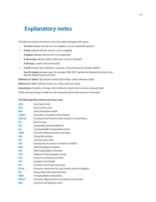 xvii




      Explanatory notes
The following symbols have been used in the tables throughout the report:
 ..   Two dots indicate that data are not available or are not separately reported.
—     A dash indicates that the amount is nil or negligible.
 -    A hyphen indicates that the item is not applicable.
 –    A minus sign indicates deficit or decrease, except as indicated.
 .    A full stop is used to indicate decimals.
 /    A slash between years indicates a crop year or financial year, for example, 2006/07.
 -    Use of a hyphen between years, for example, 2006-2007, signifies the full period involved, inclu-
      ding the beginning and end years.
Reference to “dollars” ($) indicates United States dollars, unless otherwise stated.
Reference to “tons” indicates metric tons, unless otherwise stated.
Annual rates of growth or change, unless otherwise stated, refer to annual compound rates.
Details and percentages in tables do not necessarily add to totals, because of rounding.


The following abbreviations have been used:
ABFs             Asian Bond Funds
ACU              Asian Currency Unit
ADB              Asian Development Bank
ASEAN            Association of Southeast Asian Nations
ASGI-SA          Accelerated and Shared Growth Initiative for South Africa
BoJ              Bank of Japan
CGE              computable general equilibrium
CIS              Commonwealth of Independent States
CMEA             Council for Mutual Economic Assistance
CMI              Chiang Mai Initiative
CPI              consumer price index
DAC              Development Assistance Committee (of OECD)
DDA              Doha Development Agenda
DSF              Debt Sustainability Framework
DTIS             Diagnostic Trade Integration Study
ECA              Economic Commission for Africa
ECB              European Central Bank
ECE              Economic Commission for Europe
ECLAC            Economic Commission for Latin America and the Caribbean
EIA              Energy Information Administration
EMBI             Emerging Markets Bond Index
EMEAP            Executives’ Meeting of East Asia-Pacific Central Banks
EMU              Economic and Monetary Union
 