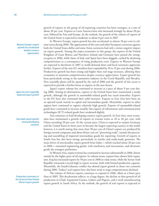 38                             World Economic Situation and Prospects 2007




                               growth of exports to the group of oil-exporting countries has been strongest, at a rate of
                               about 30 per cent. Exports to Latin America have also increased strongly by about 20 per
                               cent, followed by Asia and Europe. In the outlook, the growth of the volume of exports of
                               the United States is expected to moderate to about 8 per cent in 2007.
                                      In Western Europe, export growth has also accelerated to almost 10 per cent in vol-
     Western Europe’s export   ume terms during 2006. The appreciation of the euro and other European currencies against
      growth has accelerated   both the United States dollar and some Asian currencies had only a minor negative impact
            despite currency   on export growth. Among the major economies in this group, the exports of the United
                appreciation
                               Kingdom of Great Britain and Northern Ireland and Germany have posted the strong-
                               est gains in 2006, while those of Italy and Spain have been sluggish, curbed by declining
                               competitiveness as a consequence of rising production costs. Exports in Western Europe
                               are expected to decelerate in 2007 as world demand slows and local currencies appreciate
                               further. Exports of the new EU members have expanded by 10 to 15 per cent during 2006.
                               Productivity growth has been strong and higher than real wage increases, allowing these
                               economies to maintain competitiveness despite currency appreciation. Export growth has
                               been particularly strong in the automotive industry in the Czech Republic and Slovakia.
                               New assembly plants will be opened by the end of 2006 and the growth of this sector is
                               expected to provide a further boost to exports in the near future.
                                      Japan’s export volume has continued to increase at a pace of about 9 per cent dur-
 Japan has seen regionally     ing 2006. Among its destinations, exports to the United States have maintained a steady
  balanced export growth       growth, although the growth in automobile-related goods has eased somewhat. Exports
                               to the EU have also continued their solid increases. Exports to East Asia have been on
                               an upward trend, mainly in capital and intermediate goods. Meanwhile, exports to other
                               regions have continued to register relatively high growth. Exports of automobile-related
                               goods have continued to increase steadily, but exports of information and communication
                               technologies (ICT)-related goods have weakened slightly.
                                      Asia continues to lead developing-country export growth. In East Asia, most econo-
 Asia leads export growth      mies have maintained a growth of exports in revenue terms at 10 to 20 per cent, with
        among developing       China exceeding 20 per cent. At the current pace, China is expected to surpass Germany
                countries      and the United States in three years to become the largest exporting country in the world;
                               however, it is worth noting that more than 50 per cent of China’s exports are produced by
                               foreign-owned companies and about 60 per cent are “processing trade”, namely the process-
                               ing and assembling of imported intermediate goods for exporting. Growth of exports in
                               South Asia has also been strong, particularly in textiles and ready-made garments. The
                               main driver of merchandise export growth from India — which reached about 20 per cent
                               in 2006 — remained engineering goods, with machinery and instruments, and electronic
                               goods the strongest performers.
                                      In Western Asia, export revenue has continued to increase substantially in 2006, driven
                               mainly by the higher price of oil exports. In volume terms, exports have shown little expan-
                               sion. Iraq has increased exports by 50 per cent in 2006 in value terms, while the Syrian Arab
                               Republic witnessed a record high in export revenue, both with limited production capacity.
                               Meanwhile, the Israeli-Lebanese conflict has slowed export growth in those two countries
                               during 2006. Turkey’s real exports have also been weak as wage competitiveness declined.
                                      The volume of African exports continues to expand in 2006, albeit at a lower pace
  Production constraints in    than in 2005. This deceleration reflects, to a large degree, the decline or slow growth of oil
 the oil sector have limited   production in Chad, Equatorial Guinea, Gabon and Nigeria, and a weak manufacturing
     Africa’s export growth    export growth in South Africa. In the outlook, the growth of real exports is expected to
 