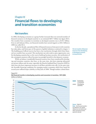 57




       Chapter III
       Financial flows to developing
       and transition economies

       Net transfers
In 2006, developing economies as a group further increased their net outward transfers of
financial resources to developed countries to an estimated $657.7 billion (see figure III.1).
Net transfers from economies in transition to developed countries rose to $125.1 billion.
Even in sub-Saharan Africa, net financial transfers have turned negative at $10.1 billion in
2006 (see table III.1).
      In the last decade, a paradoxical flow of financial resources from poor to rich countries
has taken place and forms part of the pattern of global imbalances analysed in chapter I.         The net transfer of financial
The building up of official reserves has been a key mechanism through which these finan-          resources from developing
cial net transfers have occurred. This mechanism not only tends to pose opportunity costs         to developed countries
                                                                                                  increased further
for developing countries but, as the reserve build-up becomes excessive, the sterilization of
the consequent monetary effects becomes increasingly harmful to the domestic economy.
      While on balance considerable financial resources have been transferred by develop-
ing and transition countries, they have, at the same time, also been enjoying substantial
net private inflows and, for some, especially the Heavily Indebted Poor Countries (HIPCs),
there have also been important increases in aid flows and debt write-offs. At the same time,
the favorable financing conditions for emerging market economies which have lasted for
several years suffered major volatility in May-June of 2006. Though markets calmed there-

Figure III.1
Net financial transfers to developing countries and economies in transition, 997-2006
(billions of dollars)
  50
                                                                                                           Economies
   0                                                                                                       in transition
 –50                                                                                                       Developing
                                                                                                           countries
–100
–150
–200
–250
–300
–350
–400
–450
–500
–550                                                                                              Source: Table III.1.
–600                                                                                              Note: Net financial transfers
                                                                                                  are defined as net capital
–650                                                                                              inflows less net interest and
–700                                                                                              other investment income
        1997     1998     1999     2000     2001    2002     2003     2004     2005    2006       payments abroad.
 