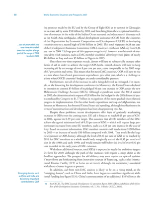 68                               World Economic Situation and Prospects 2007




                                 the promises made by the EU and by the Group of Eight (G8) at its summit in Gleneagles
                                 to increase aid by some $50 billion by 2010, and benefiting from the exceptional mobiliza-
                                 tion of resources in the wake of the Indian Ocean tsunami and other natural disasters such
                                 as the South Asia earthquake, official development assistance (ODA) from the countries
                                 of the Organization for Economic Cooperation and Development (OECD) to developing
     …but disaster relief and    countries rose to a record high of $106 billion in 2005. This total represents 0.33 per cent
         one-time debt-relief    of the Development Assistance Committee (DAC) countries’ combined GNI, up from 0.26
     exercises explain a large   per cent in 2004.2 A large part of this apparent surge in aid, however, was the result of one-
     part of the surge of ODA
                levels in 2006
                                 time debt relief exercises, such as DAC member countries’ debt forgiveness grants of nearly
                                 $14 billion to Iraq and over $5 billion to Nigeria in 2005.
                                        Once these one-time responses recede, donors will have to substantially increase other
                                 forms of aid in order to achieve the target ODA levels. Indeed, donors will have to keep
                                 increasing aid by an average of over 8 per cent per year, a rate comparable to the 2005 surge
                                 of 8.7 per cent in real terms. This means that for most DAC countries, ODA will have to rise
                                 at a rate above that of total government expenditure, year after year, which is a challenge at
                                 a time when OECD countries’ budgets are under considerable pressure.
                                        Furthermore, not all of the increase in aid is being delivered as envisaged. For exam-
                                 ple, at the financing for development conference in Monterrey, the United States declared
                                 its intention to commit $5 billion of its pledged 50 per cent increase in ODA under the new
                                 Millennium Challenge Account (MCA). Although expenditure under the MCA started
                                 in 2005, the Administration’s request of $3 billion for the budget for the 2006 financial year
                                 was reduced by Congress to $1.77 billion in recognition of the more-gradual-than-planned
                                 progress in implementation. On the other hand, expenditure on Iraq and Afghanistan, not
                                 foreseen at Monterrey, has boosted United States aid spending, although its effectiveness in
                                 terms of reconstruction and development has been disappointing thus far.
                                        Despite these problems, recent developments offer hope of gradually accelerating
                                 increases in ODA over the coming years. EU aid is forecast to reach 0.43 per cent of GNI
                                 in 2006, against its 0.39 per cent target. This assumes that all EU members of the DAC
                                 achieve the agreed minimum level of 0.33 per cent of GNI — which will require large pro-
                                 portionate increases from some EU members, such as a 125 per cent increase in the case of
                                 Italy. Based on current information, DAC member countries will reach about $130 billion
                                 by 2010 — an increase of nearly $50 billion compared with 2004. That would be the larg-
                                 est expansion in ODA history, although the level of 0.36 per cent of GNI to be reached by
                                 2010 for DAC members as a whole would only marginally exceed the 0.33 per cent level
                                 seen in the 1980s and early 1990s and would remain well below the level of over 0.50 per
                                 cent recorded in the early years of DAC existence.
                                        With these additional sources, total ODA is expected to reach the ambitious targets
                                 set forth for 2010, although the path of the increases will require a steep climb as the
                                 deadline approaches. The prospect for aid delivery may even require an upward revision
                                 if more flows are forthcoming from innovative sources of financing, such as the Interna-
                                 tional Finance Facility (IFF) or levies on air travel, although the uncertainty associated
                                 with these schemes is great at present.
                                        In addition, aid from non-DAC sources is likely to be on a rising trend, as the
      Emerging donors, such      “emerging donors”, such as China and India, have begun to contribute significant addi-
       as China and India, are   tional funding (see figure III.4). China’s announcement of an additional $10 billion at the
        becoming important
         contributors to ODA
                                  2   See OECD, The DAC Journal: Development Co-operation Report 2005: Efforts and Policies of the Mem-
                                       bers of the Development Assistance Committee, vol. 7, No. 1 (Paris: OECD, 2006).
 