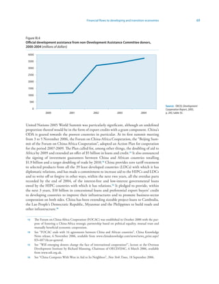 Financial flows to developing and transition economies                               69



Figure III.4
Official development assistance from non-Development Assistance Committee donors,
2000-2004 (millions of dollars)

 4000

 3500

 3000

 2500

 2000

 1500

 1000

  500
                                                                                                                 Source: OECD, Development
      0                                                                                                          Cooperation Report, 2005,
                  2000                2001               2002               2003               2004              p. 243, table 33.



United Nations 2005 World Summit was particularly significant, although an undefined
proportion thereof would be in the form of export credits with a grant component. China’s
ODA is geared towards the poorest countries in particular. At its first summit meeting
from 3 to 5 November 2006, the Forum on China-Africa Cooperation, the “Beijing Sum-
mit of the Forum on China-Africa Cooperation”, adopted an Action Plan for cooperation
for the period 2007-2009. The Plan called for, among other things, the doubling of aid to
Africa by 2009 and extended an offer of $5 billion in loans and credit.3 It also announced
the signing of investment guarantees between China and African countries totalling
$1.9 billion and a target doubling of trade by 2010.4 China provides zero tariff treatment
to selected products from all the 39 least developed countries (LDCs) with which it has
diplomatic relations, and has made a commitment to increase aid to the HIPCs and LDCs
and to write off or forgive in other ways, within the next two years, all the overdue parts
recorded by the end of 2004, of the interest-free and low-interest governmental loans
owed by the HIPC countries with which it has relations.5 It pledged to provide, within
the next 3 years, $10 billion in concessional loans and preferential export buyers’ credit
to developing countries to improve their infrastructures and to promote business-sector
cooperation on both sides. China has been extending sizeable project loans to Cambodia,
the Lao People’s Democratic Republic, Myanmar and the Philippines to build roads and
other infrastructure.6

 3       The Forum on China-Africa Cooperation (FOCAC) was established in October 2000 with the pur-
          pose of fostering a China-Africa strategic partnership based on political equality, mutual trust and
          mutually beneficial economic cooperation.
 4       See “FOCAC ends with 16 agreements between China and African countries”, China Knowledge
          News release, 6 November 2006, available from www.chinaknowledge.com/news/news_print.aspx?
          ID=4871cat=general.
 5       See “Will emerging donors change the face of international cooperation?”, lecture at the Overseas
          Development Institute by Richard Manning, Chairman of OECD/DAC, 6 March 2006, available
          from www.odi.org.uk.
 6       See “China Competes With West in Aid to Its Neighbors”, New York Times, 18 September 2006.
 