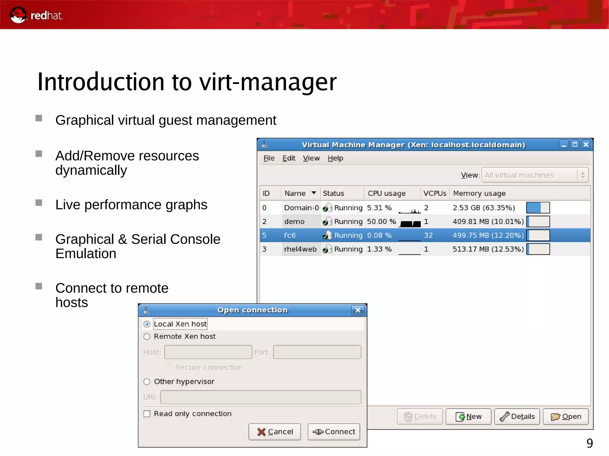 9
Introduction to virt-manager
 Graphical virtual guest management
 Add/Remove resources
dynamically
 Live performance graphs
 Graphical & Serial Console
Emulation
 Connect to remote
hosts
 