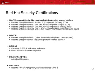 12
Red Hat Security Certifications
●
NIAP/Common Criteria: The most evaluated operating system platform
●
Red Hat Enterprise Linux 2.1 – EAL 2 (Completed: February 2004)
●
Red Hat Enterprise Linux 3 EAL 3+/CAPP (Completed: August 2004)
●
Red Hat Enterprise Linux 4 EAL 4+/CAPP (Completed: February 2006)
●
Red Hat Enterprise Linux 5 EAL4+/CAPP/LSPP/RBAC (Completed: June 2007)
●
DII-COE
●
Red Hat Enterprise Linux 3 (Self-Certification Completed: October 2004)
●
Red Hat Enterprise Linux: First Linux platform certified by DISA
●
DCID 6/3
●
Currently PL3/PL4: ask about kickstarts.
●
Often a component in PL5 systems
●
DISA SRRs / STIGs
●
Ask about kickstarts.
●
FIPS 140-2
●
Red Hat / NSS Cryptography Libraries certified Level 2
 
