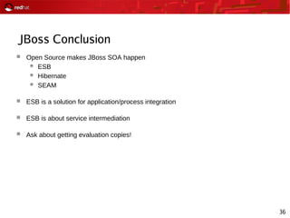 36
JBoss Conclusion
 Open Source makes JBoss SOA happen
 ESB
 Hibernate
 SEAM
 ESB is a solution for application/process integration
 ESB is about service intermediation
 Ask about getting evaluation copies!
 