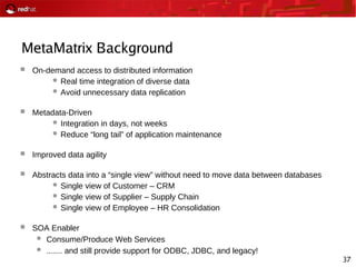 37
MetaMatrix Background
 On-demand access to distributed information
 Real time integration of diverse data
 Avoid unnecessary data replication
 Metadata-Driven
 Integration in days, not weeks
 Reduce “long tail” of application maintenance
 Improved data agility
 Abstracts data into a “single view” without need to move data between databases
 Single view of Customer – CRM
 Single view of Supplier – Supply Chain
 Single view of Employee – HR Consolidation
 SOA Enabler
 Consume/Produce Web Services
 ....... and still provide support for ODBC, JDBC, and legacy!
 