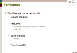 Tendances Tendances de la demande : Grands comptes PME PMI Dépendent des grands donneurs d’ordre Web-EDI Secteur public [email_address] Fonctionnalités 