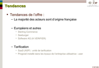 Tendances Tendances de l’offre : La majorité des acteurs sont d’origine française Européens et autres Sterling Commerce Seeburger Software AG (A VERIFIER) Tarification SaaS (ASP) : unité de tarification Progiciel installé dans les locaux de l’entreprise utilisatrice : user 