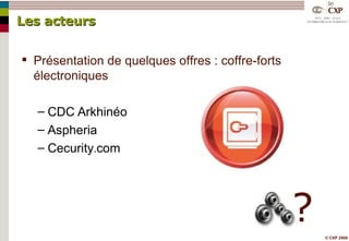 Les acteurs Présentation de quelques offres : coffre-forts électroniques CDC   Arkhinéo Aspheria Cecurity . com ? 