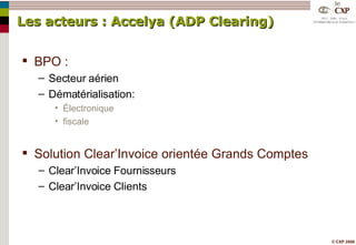 Les acteurs : Accelya (ADP Clearing) BPO : Secteur aérien Dématérialisation: Électronique fiscale Solution Clear’Invoice orientée Grands Comptes Clear’Invoice Fournisseurs Clear’Invoice Clients 