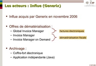 Les acteurs : Influe (Generix) Influe acquis par Generix en novembre 2006 Offres de dématérialisation : Global Invoice Manager Invoice Manager Invoice Manager on Demand Archivage  : Coffre-fort électronique Application indépendante (Java) dématérialisation fiscale factures électroniques 