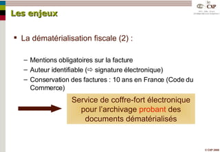Les enjeux La dématérialisation fiscale (2) : Mentions obligatoires sur la facture Auteur identifiable (   signature électronique) Conservation des factures : 10 ans en France (Code du Commerce) Service de coffre-fort électronique pour l’archivage  probant  des documents dématérialisés 
