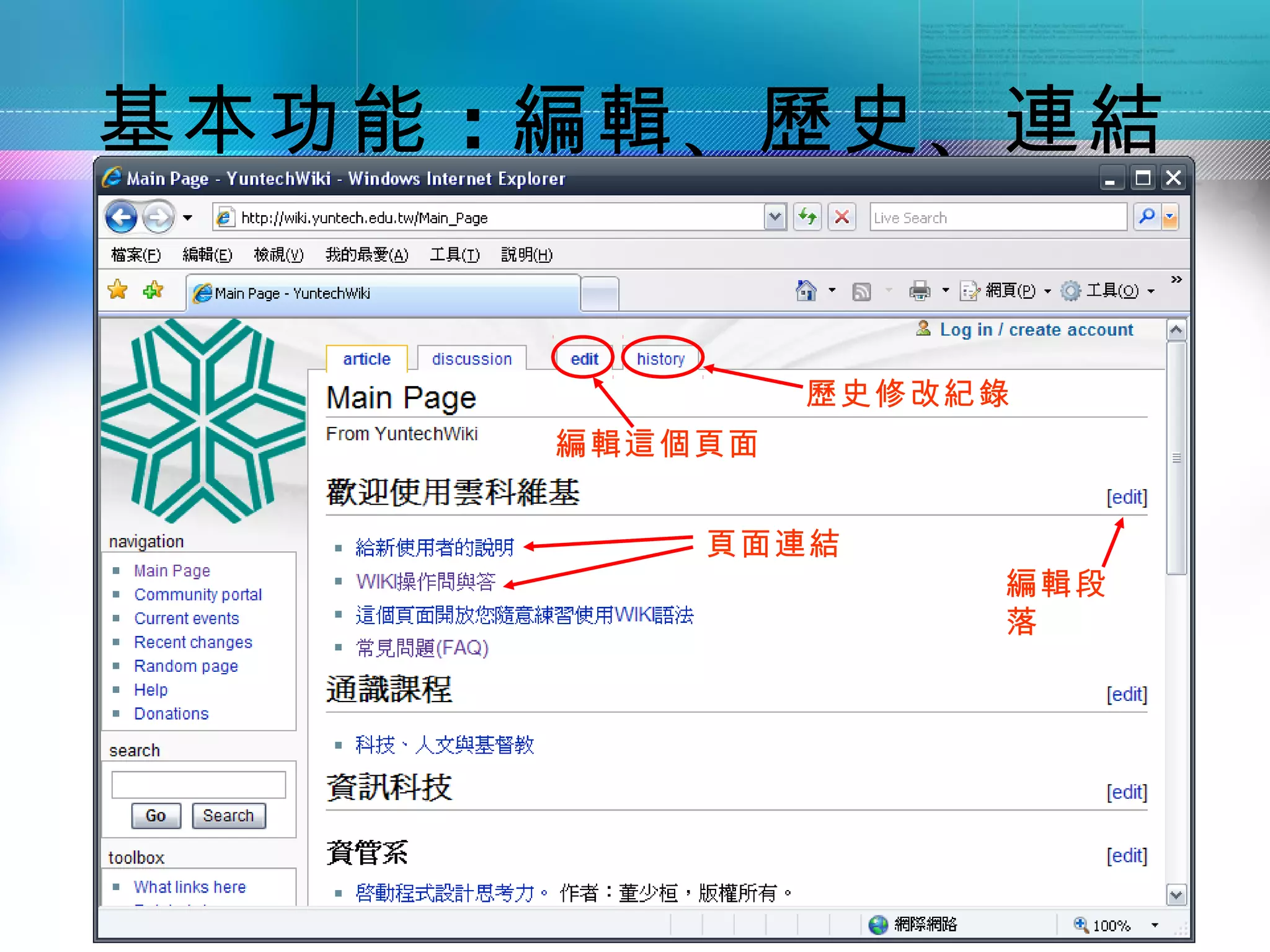 基本功能 ：編輯 、歷史 、連結


               歷史修改紀錄
      編輯這個頁面


          頁面連結
                    編輯段
                    落
 