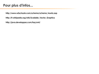 Pour plus d'infos...
http://www.w3schools.com/schema/schema_howto.asp
http://fr.wikipedia.org/wiki/Scalable_Vector_Graphics
http://java.developpez.com/faq/xml/

 