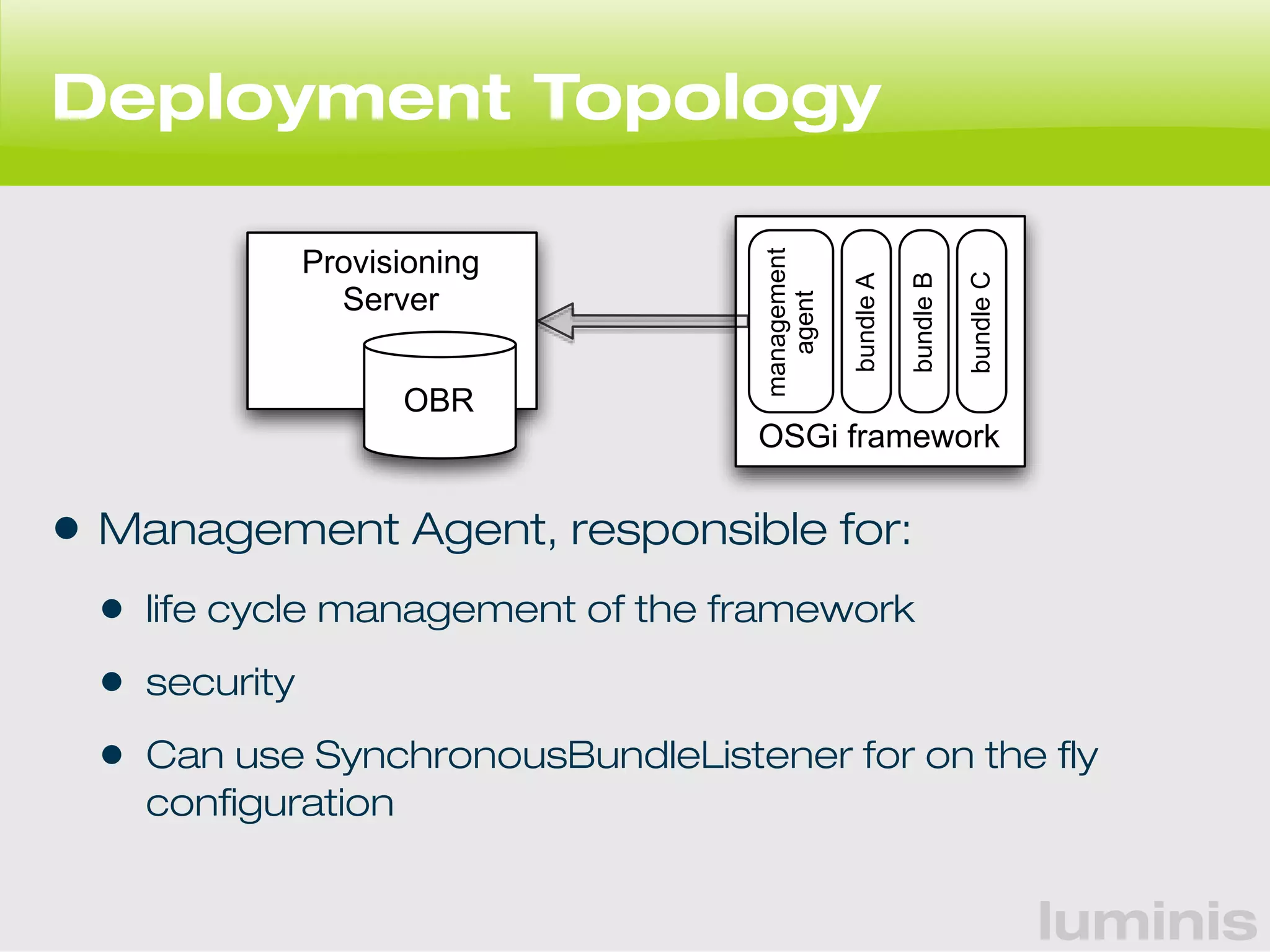 luminis 
Deployment Topology 
• Management Agent, responsible for: 
• life cycle management of the framework 
• security 
• Can use SynchronousBundleListener for on the fly 
configuration 
OSGi framework 
Provisioning 
Server 
OBR 
management 
agent 
bundle A 
bundle B 
bundle C 
 