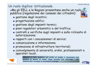 www.firewww.fire--italia.orgitalia.org
Un ruolo duplice: istituzionaleUn ruolo duplice: istituzionale
Ma gli EELL e le Regioni presentano anche un ruoloMa gli EELL e le Regioni presentano anche un ruolo
pubblico (regolazione dei consumi dei cittadini):pubblico (regolazione dei consumi dei cittadini):
gestione degli incentivi;gestione degli incentivi;
progettazione edifici;progettazione edifici;
gestione degli impianti termici;gestione degli impianti termici;
piani regolatori urbanistici e del traffico;piani regolatori urbanistici e del traffico;
controlli e verifiche sugli impianti e sulle richieste dicontrolli e verifiche sugli impianti e sulle richieste di
autorizzazione;autorizzazione;
rapporti con i concessionari di servizi;rapporti con i concessionari di servizi;
comunicazione e informazione;comunicazione e informazione;
promozione di infrastrutture territoriali;promozione di infrastrutture territoriali;
coinvolgimento di universitcoinvolgimento di universitàà, ordini, professionisti e, ordini, professionisti e
operatori locali.operatori locali.
 